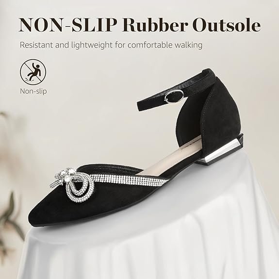 Zelaprox Women's Black Pointed Toe Flats Rhinestone Bow Ankle Strap Ballet Flats Comfortable Slip On Flats Light Weight Suede Dress Shoes